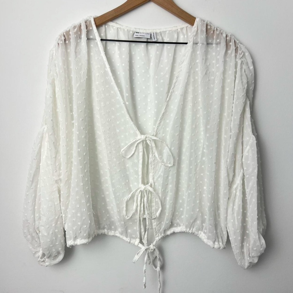 ASOS White Sheer Front Tie Textured Blouse Size 8